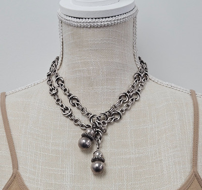 Vintage Sterling Silver Taxco Mexico Link Chain Double Bead Lariat Necklace 128g