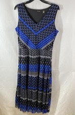 Tahari Women's Blue Black Geometric Print Tiered Midi Dress V-Neck Size M