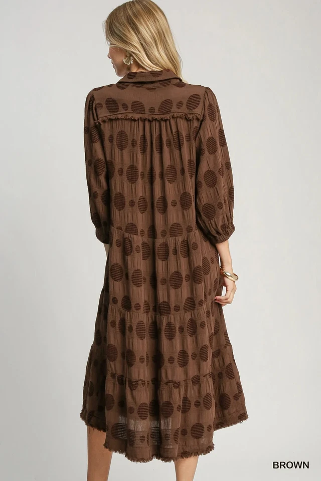 Umgee Brown Polka Dot Print Maxi Dress with V Neck and 3/4 Sleeves - Image 4 of 4