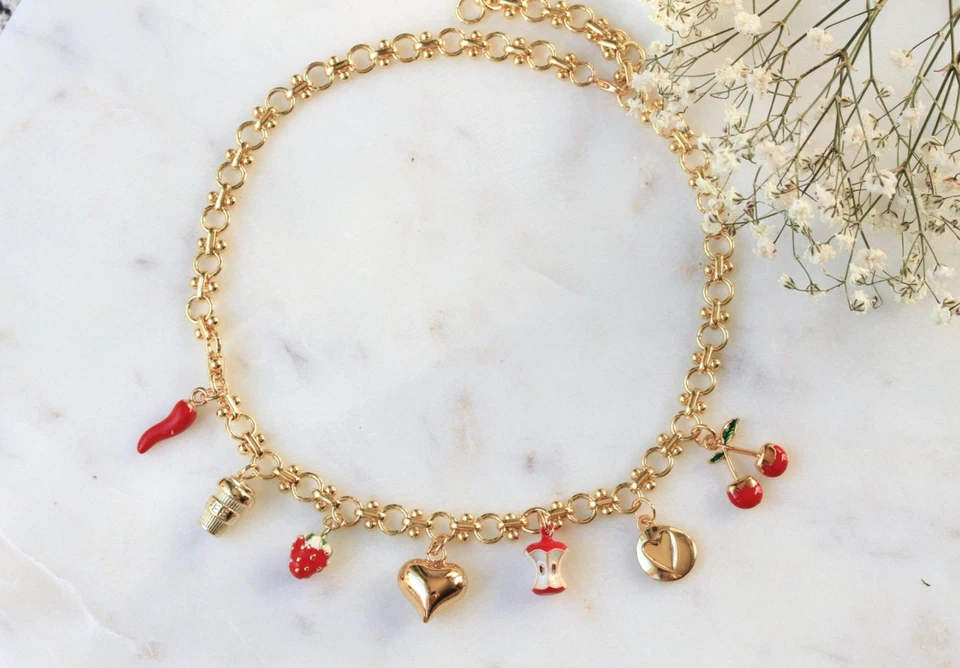 Charm Kette Tapas Herz Kirschen mediteran Sommer Halskette Geschenk Frauen Trend - Bild 4 von 4