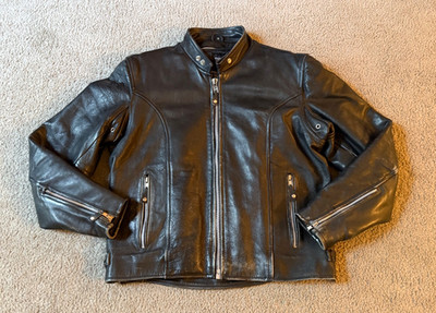 VTG First Genuine Leather Men's Black Leather Motorcycle Biker Jacket - Small