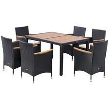 Outsunny Set Tavolo e Sedie da Giardino 7 Pezzi in Rattan Nero e Legno