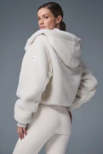 ALO Yoga Foxy Sherpa Jacket size XS Fleece Hooded Cropped Ivory Logo $218