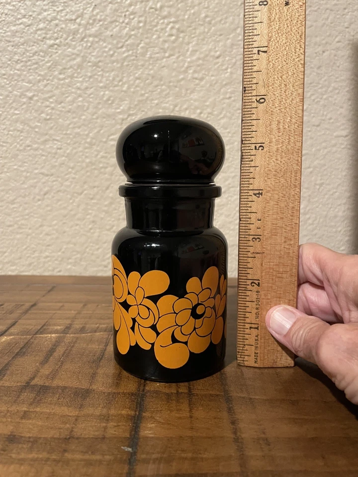 Tarros de boticario de vidrio negro vintage años 60 Bélgica tapas de burbujas flores naranjas Foto 2 de 4