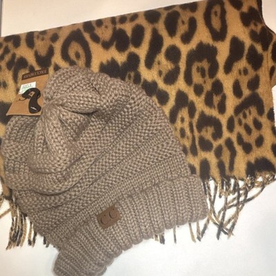 C.C Knit Beanie & Leopard Print Scarf Accessory Set, Beige Brown