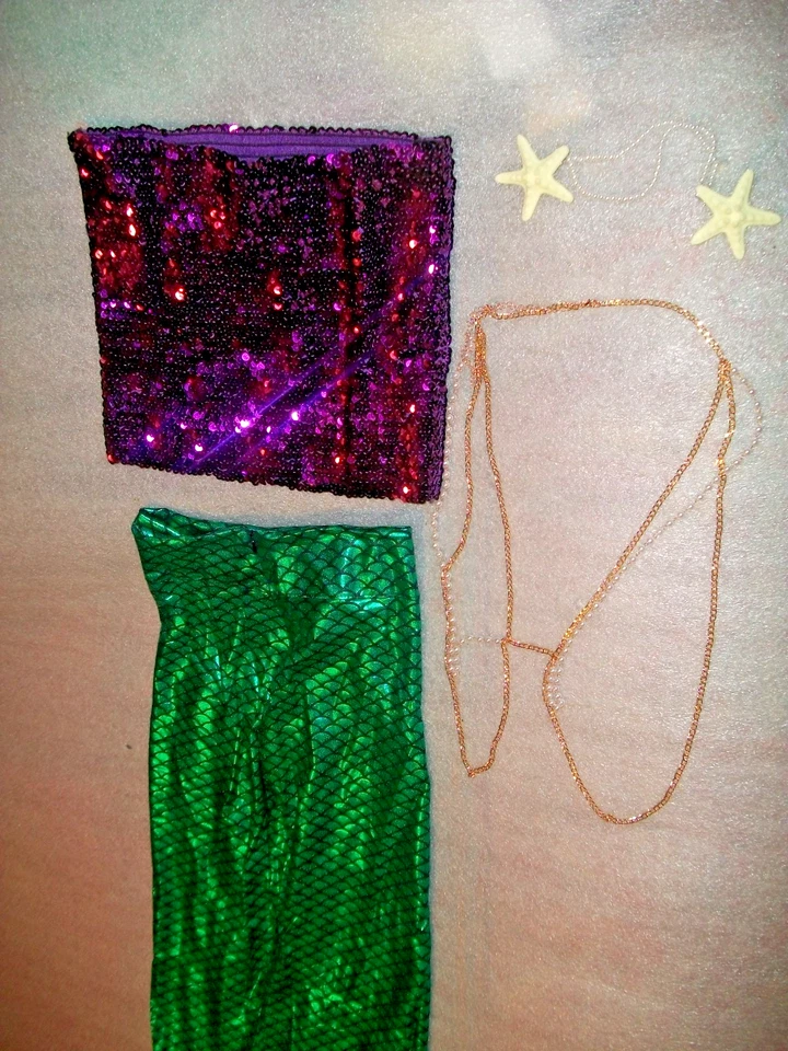 Adult sz S Shiny Green Scales Mermaid Skirt Costume Purple Sequin Top & Jewelry - Image 2 of 4