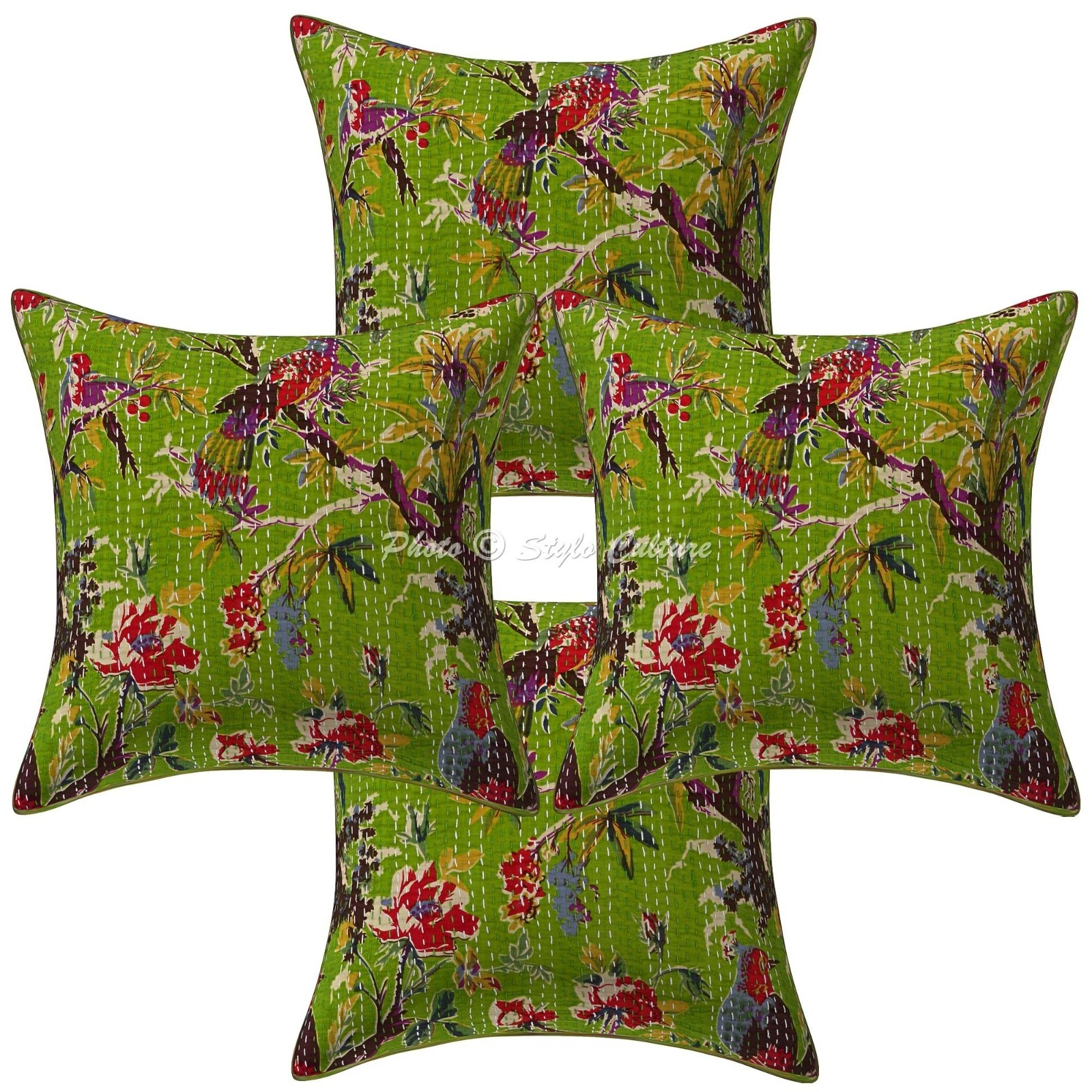 Decorative Cotton Throw Pillow Covers Kantha Green Bird Home Decor Cushion Cover