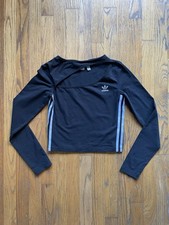 Adidas Originals 3-Stripe Long Sleeve Black Cropped Top XS Cutout Boat Neck