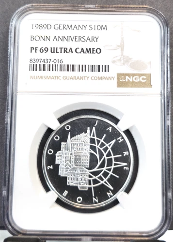 1989 GERMANY SILVER 10 MARK BONN ANNIVERSARY NGC PF 69 ULTRA CAMEO RARE TOP POP