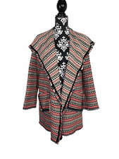Chelsea & Violet Womens Small Western Red Black Aztec Open Front Fringe Jacket