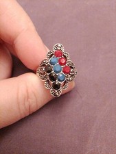 Diagonally Set Red Green And Black Gems With Marcasite Accents On Unknown Metal