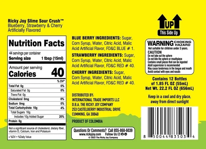 Ricky Joy Slime Sour Crush 12ct/1,85 oz caramelo dulce bocadillo limo lamidores agrios Foto 4 de 4