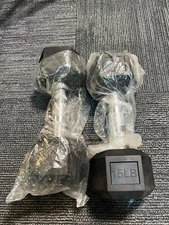 Box of 2-Barbell Rubber-Coated Hex 15LB Dumbbell For Fitness Weight Lifting Curl