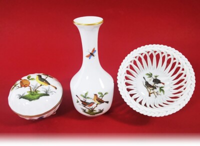 Herend Rothschild  Deckeldose, schöne Vase und Körbchen Vögel & Insekten 3 Teile
