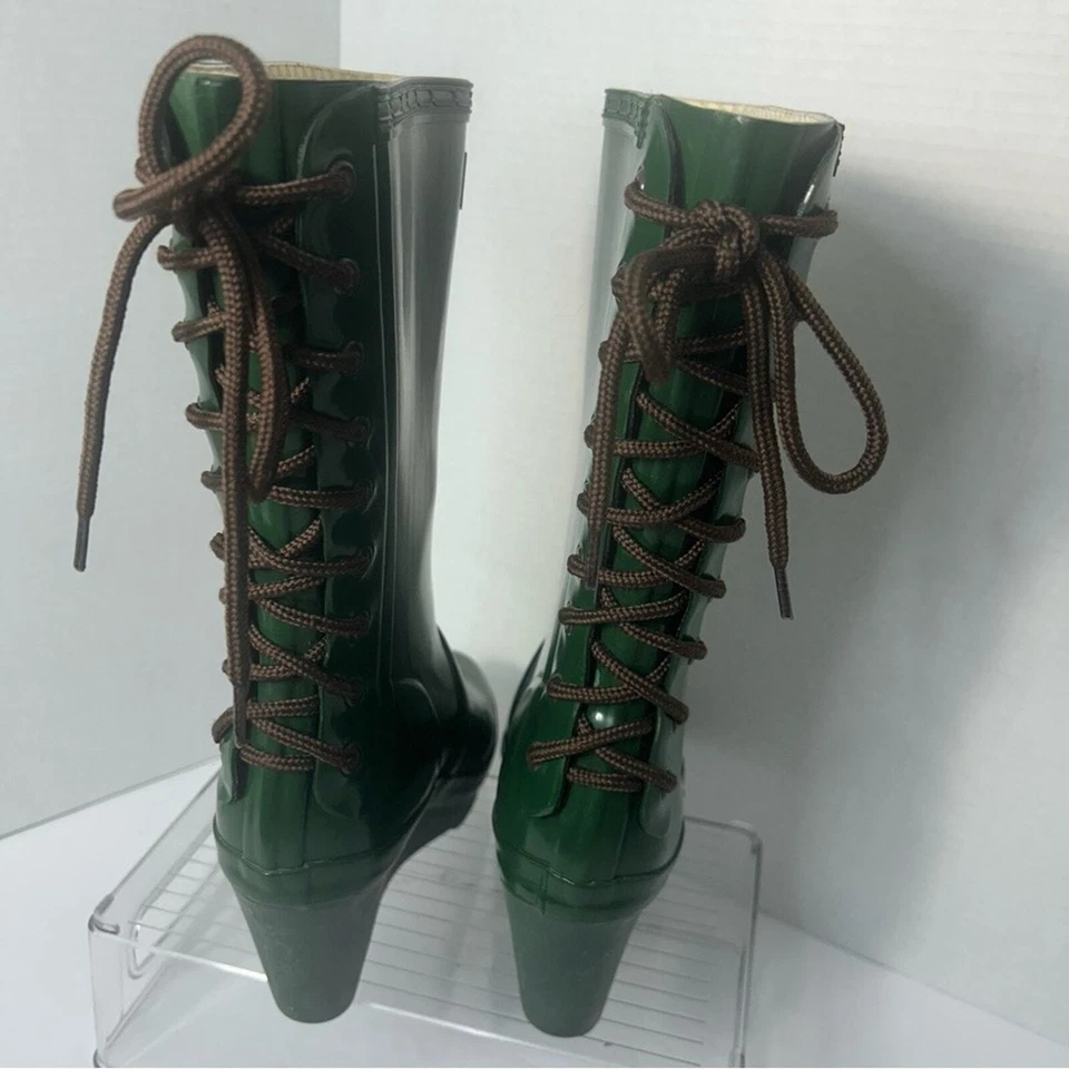 NUEVAS BOTAS DE LLUVIA HUNTER Verbier verdes de goma de media pantorrilla 3” cuña talla 36 EU 5 EE. UU. Foto 3 de 4
