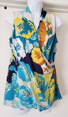 CAbi Blouse Sleeveeless Artsy Floral Size S Crossover Front Polyester Colorful