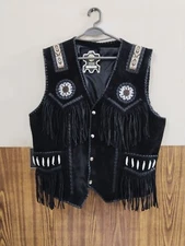 Men Native American Western Cowboy Leather vest Suede Leather Fringe & Beaded