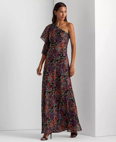 Ralph Lauren Floral Crinkle Georgette One-Shoulder Gown - size 2 - Black multi - Picture 1 of 7