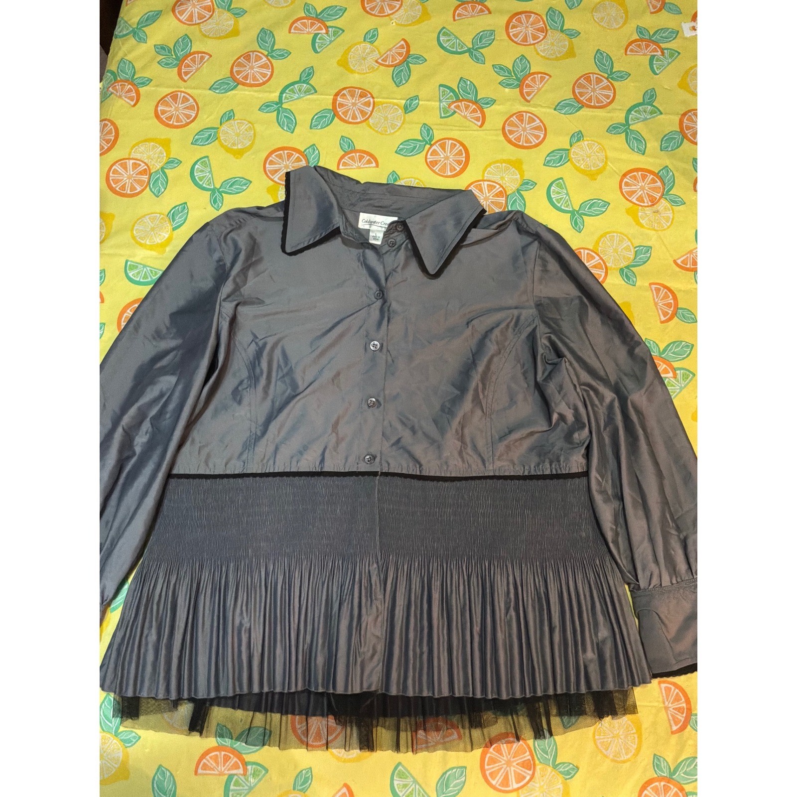 Coldwater Creek Peplum Blouse Womens L Grey Tulle Trim Button Front Long Sleeve