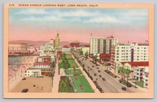 Ocean Avenue Looking West Long Beach California Linen Postcard