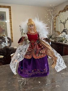 Victorian Christmas Angel Tree topper Gold Red Purple Velvet Elegant Gown 12”