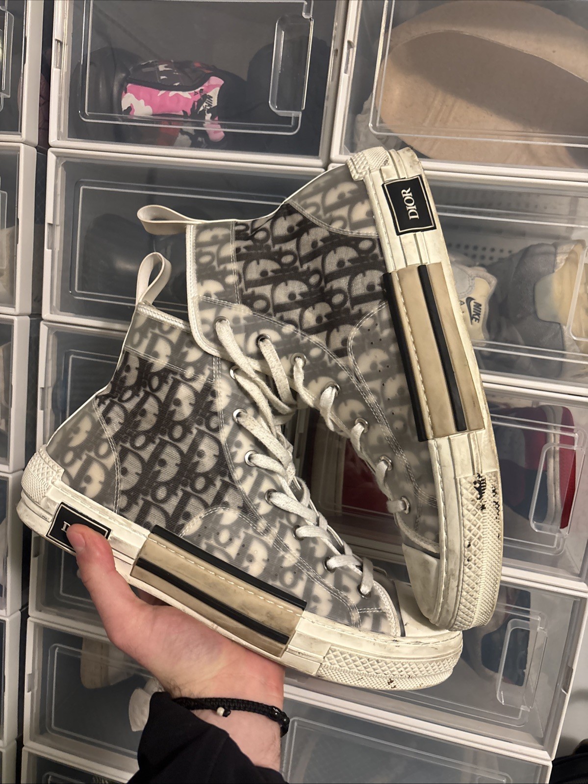 Dior B23 High-Top Logo Print Sneakers Gray White Lace Up Men's Designer