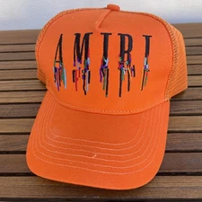 Amiri Paint Drip Logo Orange Trucker Snap Back Hat