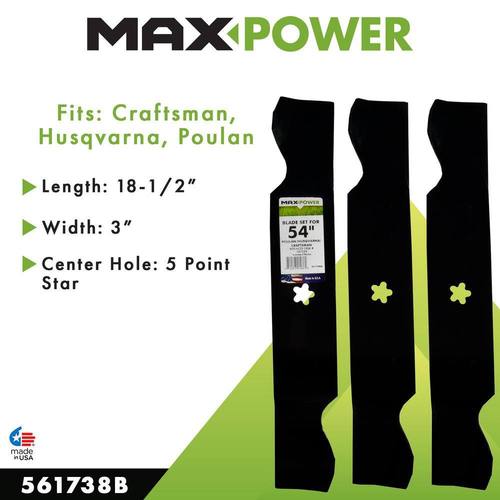 3 Blade Set for Many 54 In. Cut Craftsman, Husqvarna, Poulan Mowers Replaces OEM - Picture 5 of 12