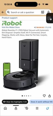 iRobot Roomba i7+ Robot Vacuum w/ Self-Emptying Base, Smart Mapping, Wi-Fi