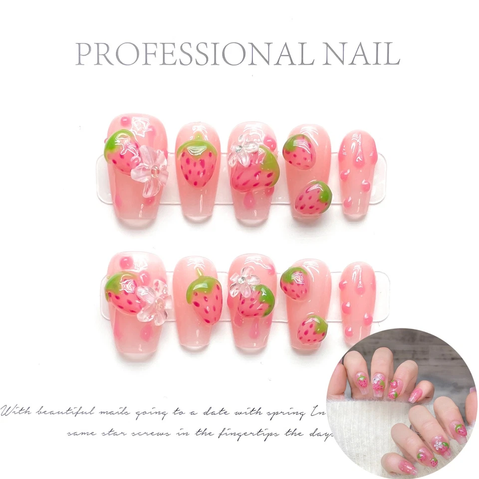 Pink Coffin Fake Nail with 3D Strawberry False Nail Summer Press On Nail Cute - Image 2 of 4