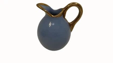 Miniature Blue Pitcher with Gold Rim and Handle Small Vase 2" x 2.5"