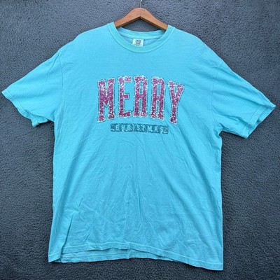 Comfort Colors Womens XL Merry Christmas Glitter Graphic T-Shirt Teal Cotton