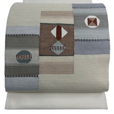 Japanese Silk Fukuro obi Cream Geometry Excellent Otaiko Pattern 2069772