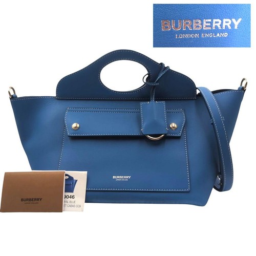 BURBERRY Soft Pocket Leather 2Way Handbag Shoulder Bag Blue Used From Japan