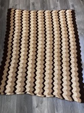 Handmade Crochet Afghan Blanket Brown Tan Cream Chevron Throw 44" x 54"