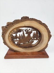 Carved Walnut Wood Slice On Stand Leaping Buck Deer Antlers Forest Rugged Decor