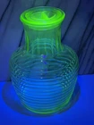 Vtg Green Uranium Glass Beehive Jar Ribbed Carafe & Lid