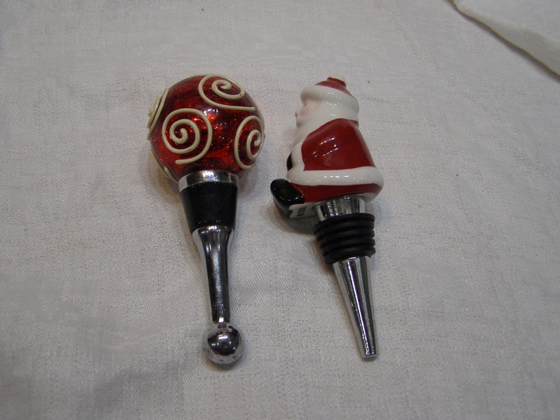 2 Christmas Theme Wine Bottle Stoppers Santa Claus & Red Bulb