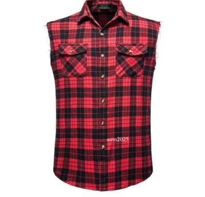 sleeveless dress shirts for men Milwaukee Leather MNG11692 Mens Classic Black and Red Button-Down Flannel  Cut Off Frayed Sleeveless Casual Shirt