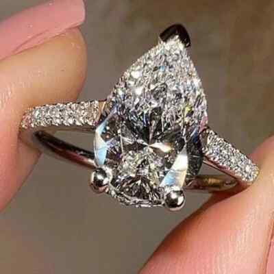 3.20 CTW Pear Cut VVS1 Moissanite Hidden Halo Wedding Ring 14K White Gold Plated