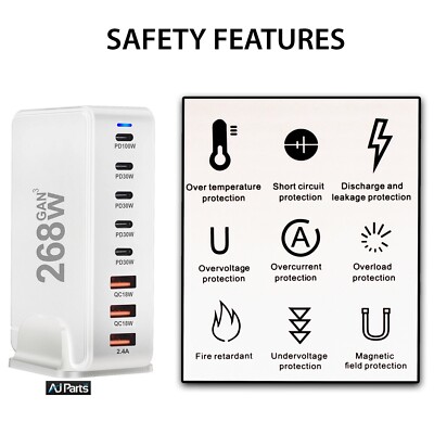 AJP 268W Desktop GaN Ladegerät 8 Ports USB Typ C PD Schnellladen Ladegerät UK Stecker