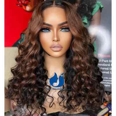 Curly Brown Highlight PU Silk Base Lace Closure Wig For Women Human  Hair