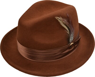 Mens Brandy Brown Fedora 100% Wool Crushable by Bruno Capelo UN-114