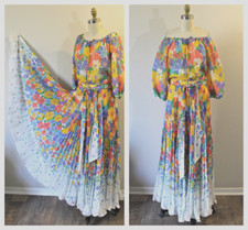 Vtg Elissa of California Two Piece Off Shoulder Blouse Accordion Skirt Flowers