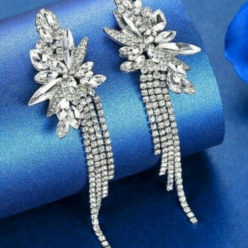 Silber Kristall Strass Ohrringe Hänger Tropfen Abschlussball Braut formell Kleid Schmuck - Bild 1 von 3