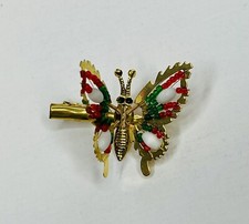 Vtg Hair Clip Green Red Bead Butterfly Moveable Wings Trembler Gold Tone New 1