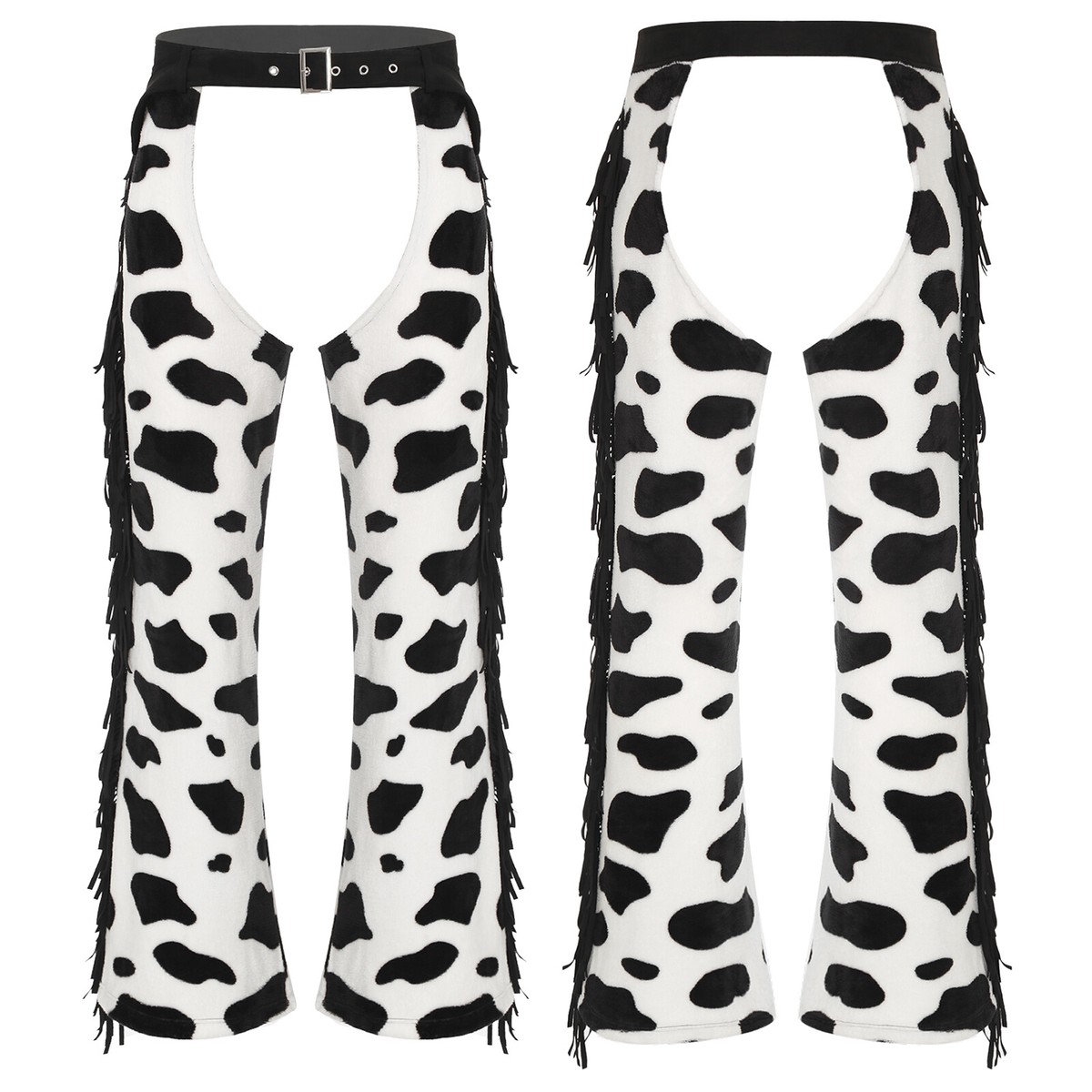 US Mens Fringe Faux Suede Cowboy Chaps Crotchless Cow Print