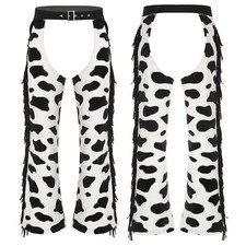 US Mens Fringe Faux Suede Cowboy Chaps Crotchless Cow Print Flannel Pants