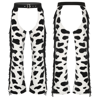 US Mens Fringe Faux Suede Cowboy Chaps Crotchless Cow Print