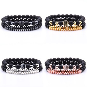2Pcs-Set-Men-039-s-Natural-Stone-Matte-Black-CZ-Charm-Copper-Bead-Bracelets-Gifts